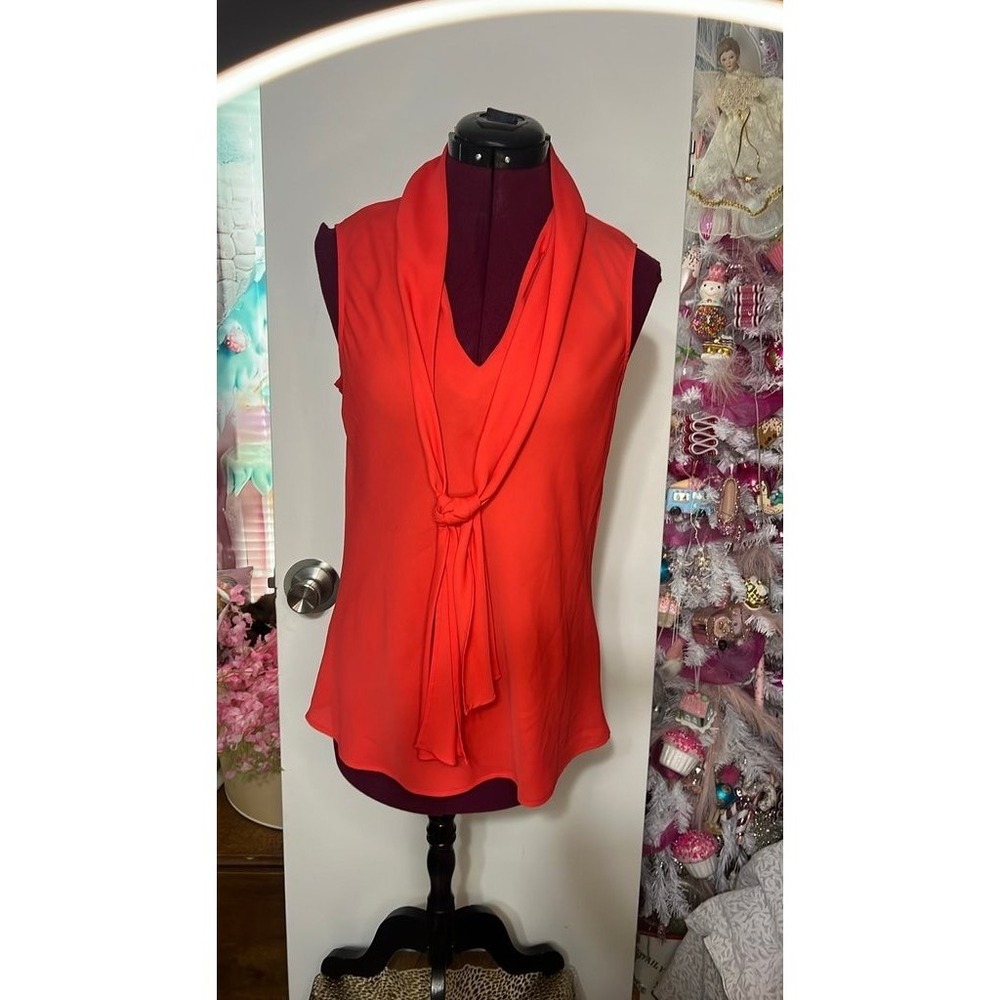 Anne Klein Blouse Womens 10 Red Good Sleeveless Tie Neck V-Neck Crepe Top